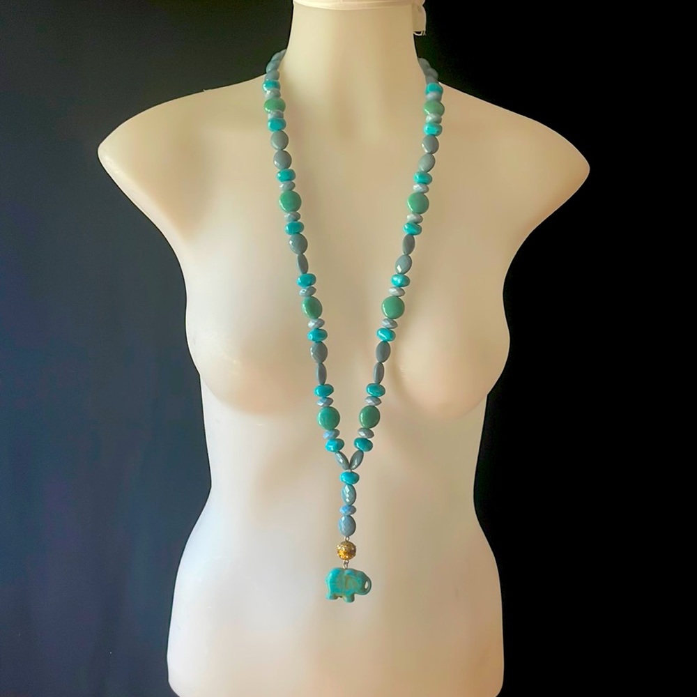 Turquoise long necklace with lucky elephant
